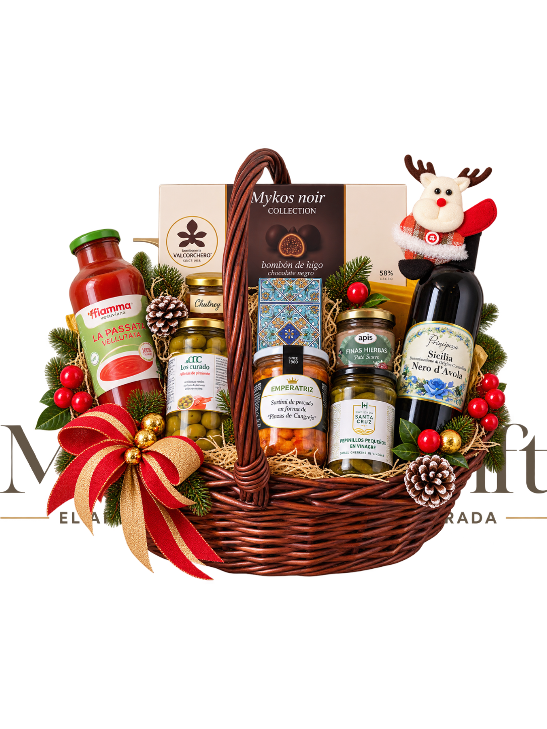 Navidad Gourmet, una canasta con vino, conservas, paté y chocolates
